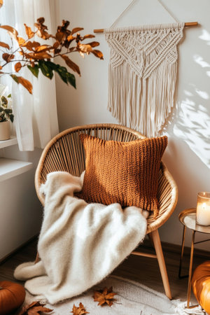 A charming seating area features a rattan chair adorned with a brown knitted pillow and a soft blanket. Natural light highlights macrame decor and autumn leaves nearby.の素材