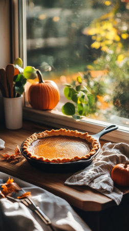 A golden pumpkin pie rests in a cast iron skillet on a wooden table. Autumn leaves and small pumpkins decorate the windowsill, creating a warm atmosphere in the kitchen.の素材