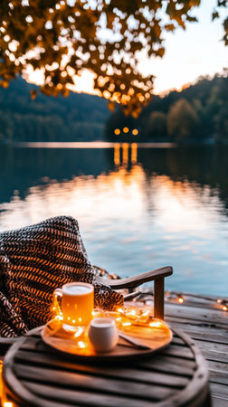 A cozy setup by the lake includes a blanket draped over a chair, drinks on a table, and fairy lights illuminating the tranquil water as the sun sets.の素材