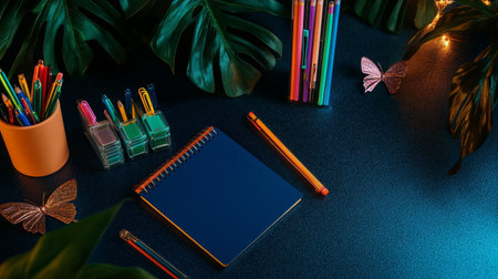 A vibrant workspace is showcased with a blank notebook, colorful pens, and decorative plants set against a dark backdrop. Soft light adds a cozy atmosphere to the setting.の素材