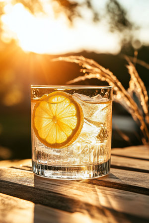 A tall glass filled with a refreshing citrus drink, ice cubes floating inside, and garnished with lemon slices, all beautifully illuminated by afternoon sunlight.の素材