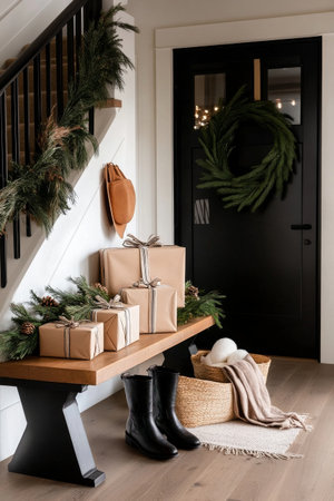 A festive entryway showcases neatly wrapped gifts on a wooden bench, adorned with greenery and a seasonal wreath. It captures the warmth of holiday spirit in a stylish home.の素材