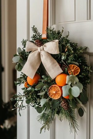 A beautifully crafted evergreen wreath adorned with bright oranges, dried citrus slices, and eucalyptus hangs elegantly on a door, adding a seasonal touch to the room.の素材