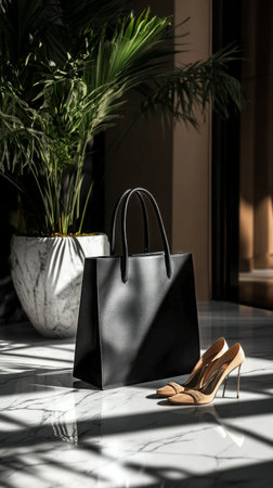 A sophisticated black handbag sits next to a stylish high heel shoe and luxurious perfume bottle. Soft natural light highlights the elegant items in a modern interior.の素材