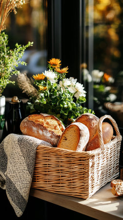 A wicker basket filled with various types of freshly baked bread sits on a wooden table next to vibrant flowers in a sunlit cafe. The warm colors create a welcoming atmosphere.の素材