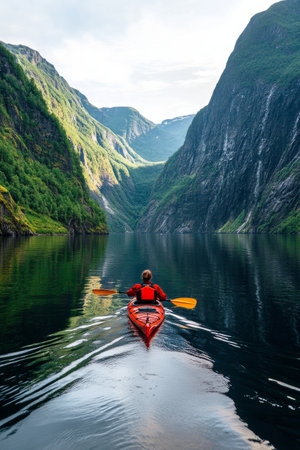 Paddling in a vibrant orange kayak, a lone adventurer navigates the still waters of stunning fjords surrounded by towering cliffs and lush vegetation under an overcast sky.の素材