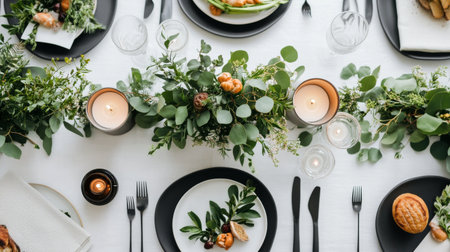 A beautifully arranged dining table features fresh greenery, candles, and meticulously placed dishware. The setting is perfect for a festive gathering or intimate dinner.の素材