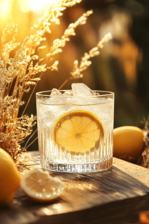 A crystal glass filled with ice and a lemon slice sits on a wooden surface. Soft sunlight highlights the drink, surrounded by fresh lemons and dried grass, creating a warm atmosphere.の素材