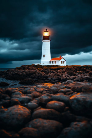 The lighthouse shines brightly as storm clouds gather overhead, illuminating the rocky shoreline at twilight. The sea is calm around the sturdy structure.の素材