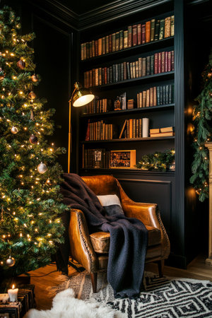 A warm and inviting nook features a plush green chair, a sparkling Christmas tree, and a rich collection of books. Presents are neatly arranged around the festive atmosphere.の素材