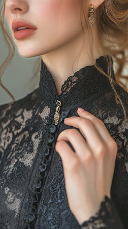 A young woman is dressed in a beautiful black lace outfit, highlighting fine details.の素材