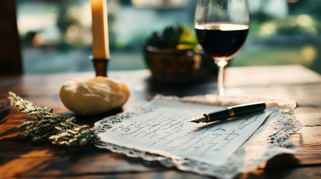 A beautifully arranged writing station features a glass of red wine next to a flickering candle, with a decorative pen poised over a handwritten letter on lace-trimmed paper.の素材