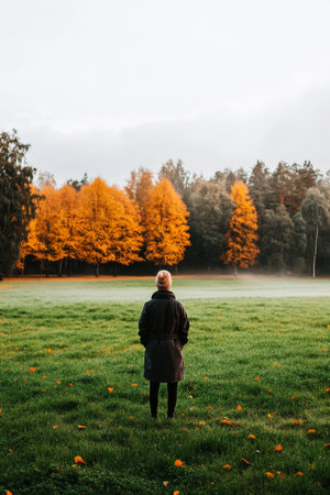 A person sits calmly in a lush green meadow surrounded by vibrant orange trees under a clear sky at sunrise. The soft light enhances the serene atmosphere of the scene.の素材