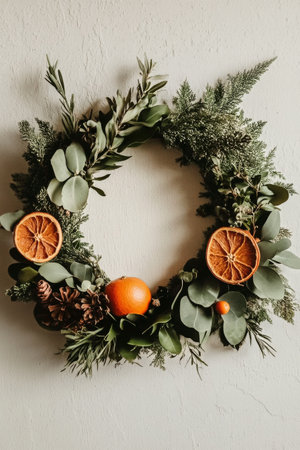 A winter wreath crafted from eucalyptus, pine, and dried oranges hangs gracefully on a plain wall. Elements of nature blend together warmly for a seasonal decoration.の素材