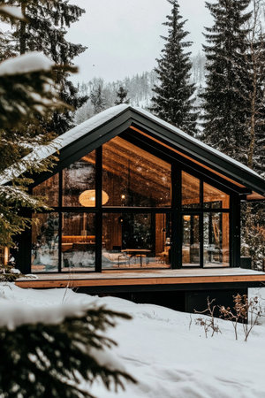 A cozy cabin sits in a snowy landscape, illuminated from within.の素材