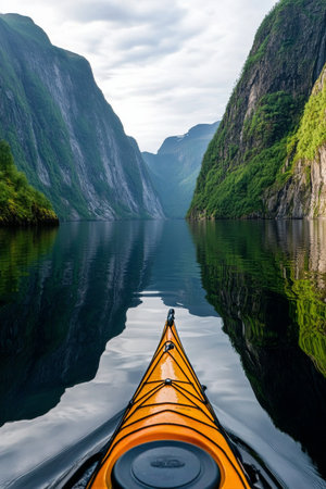Paddling in a vibrant orange kayak, a lone adventurer navigates the still waters of stunning fjords surrounded by towering cliffs and lush vegetation under an overcast sky.の素材