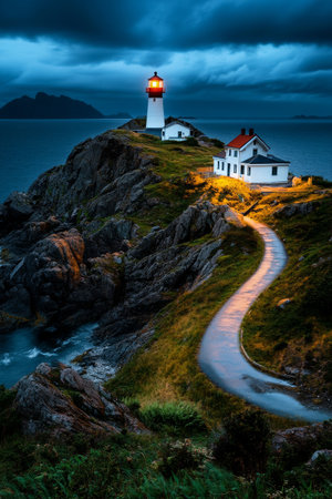 The lighthouse shines brightly as storm clouds gather overhead, illuminating the rocky shoreline at twilight. The sea is calm around the sturdy structure.の素材