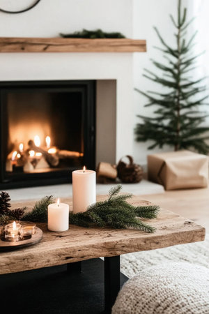 A warm and inviting living space features a modern fireplace, glowing candles, and carefully arranged greenery. Soft textures and warm lighting create a tranquil atmosphere.の素材