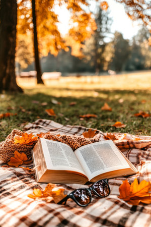 A beautiful autumn day in a park where a large open book lays on a cozy blanket surrounded by colorful fallen leaves. Sunglasses rest nearby as sunlit trees provide a peaceful atmosphere.の素材