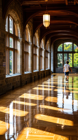 A person strolls down a hallway adorned with large windows that let in sunlight, illuminating a polished wooden floor during the afternoon.の素材