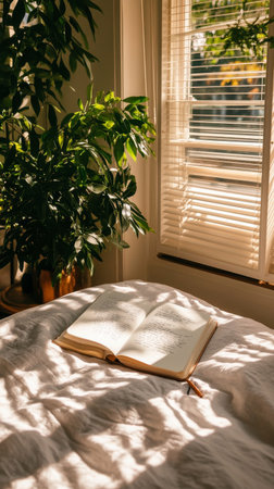 A cozy indoor setting features an open book resting on a white bedspread, surrounded by lush green foliage. Sunlight streams through a window, casting gentle shadows.の素材