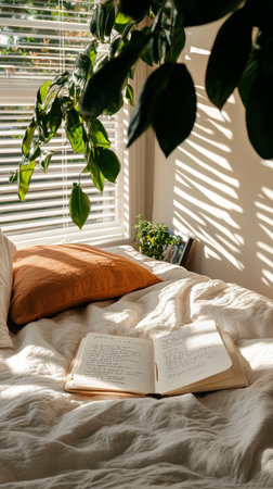 A cozy indoor setting features an open book resting on a white bedspread, surrounded by lush green foliage. Sunlight streams through a window, casting gentle shadows.の素材