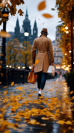 A man strolls through a rainy street covered with yellow leaves, carrying shopping bags. Historic buildings and a distant castle create a picturesque autumn atmosphere.の素材