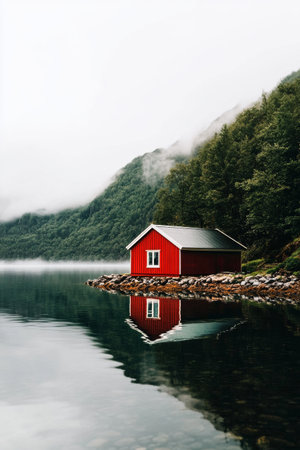 A vibrant red cabin sits on a floating dock in the middle of a serene mountain lake. Lush green hills emerge from the mist, creating a tranquil and picturesque setting.の素材