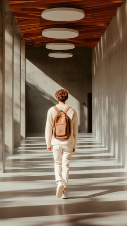 A young person strolls through a sleek, well-lit hallway featuring concrete walls and warm wooden accents, creating a blend of contemporary design and natural light.の素材