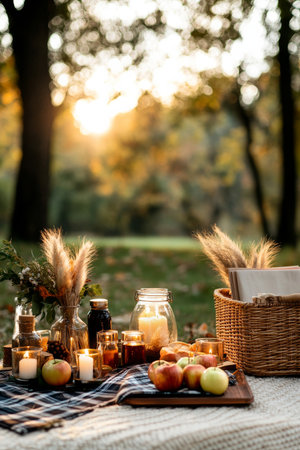 A charming outdoor gathering takes place during sunset with candles, fresh apples, and decorative elements on a checkered blanket. Warm light enhances the serene atmosphere.の素材