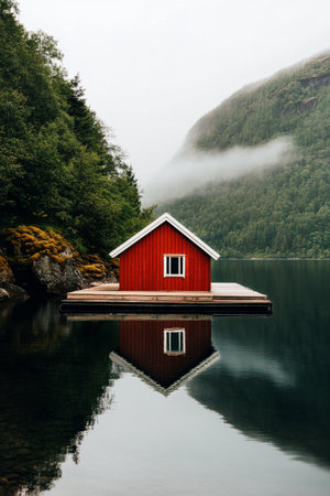 A vibrant red cabin sits on a floating dock in the middle of a serene mountain lake. Lush green hills emerge from the mist, creating a tranquil and picturesque setting.の素材