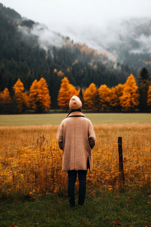 A person stands in a field surrounded by tall grass and colorful autumn trees. The cloudy sky creates a cozy atmosphere in the peaceful countryside setting.の素材