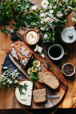 A cozy breakfast setup includes sunny-side-up eggs, rustic bread, and creamy cheese, all beautifully arranged with fresh herbs and a touch of greenery.の素材
