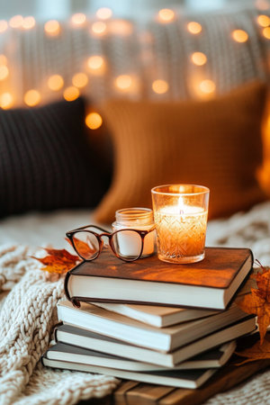 A warm and inviting setup featuring stacked books, reading glasses, and a lit candle. Autumn leaves add seasonal charm, creating a peaceful atmosphere by the window.の素材
