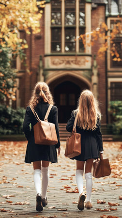 Two schoolgirls stroll side by side toward a historic building. They wear dark uniforms and carry stylish bags, enjoying the warm sunlight on a bright autumn day.の素材