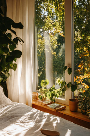 Soft natural light illuminates a cozy bedroom with a large window. Lush green plants decorate the windowsill, creating a peaceful and inviting atmosphere in the afternoon.の素材