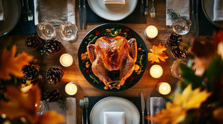 A beautifully arranged Thanksgiving dinner features a golden roasted turkey at the center, surrounded by candles, autumn leaves, and decorative pinecones on a wooden table setting.の素材