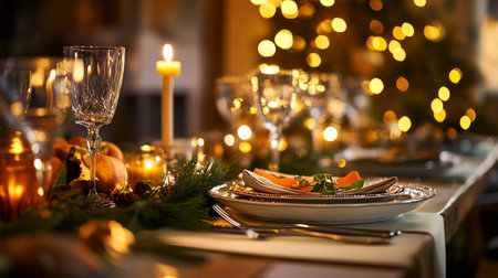 A beautifully arranged holiday dining table is ready for a gathering. Glimmering candles and twinkling lights create a cozy atmosphere for family and friends.の素材