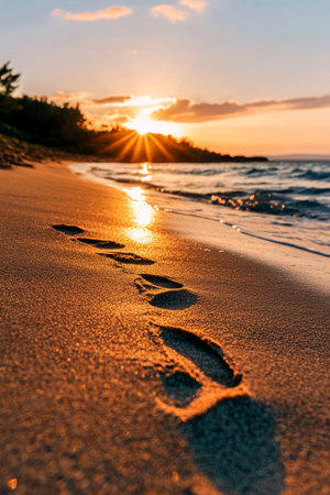 Footprints lead from the waters edge toward the sandy shore as the sun sets, casting golden light across the peaceful landscape and creating a serene atmosphere.の素材