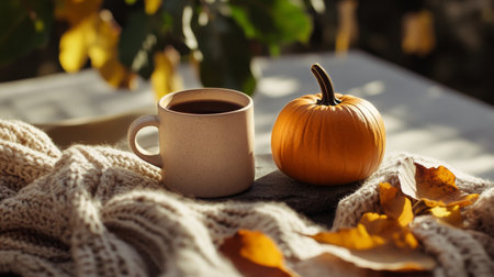 A warm cup of coffee sits on a stone placemat next to a small pumpkin and autumn leaves, all illuminated by gentle sunlight streaming through the window.の素材
