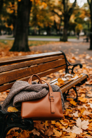 A brown bag rests on a park bench surrounded by colorful autumn leaves. A warm scarf drapes over the bench, with trees in the background showing casing golden foliage.の素材