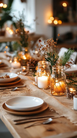 A beautifully arranged dining table ceramic features plates, jars with candles, and floral decorations, creating a warm atmosphere perfect for gatherings.の素材