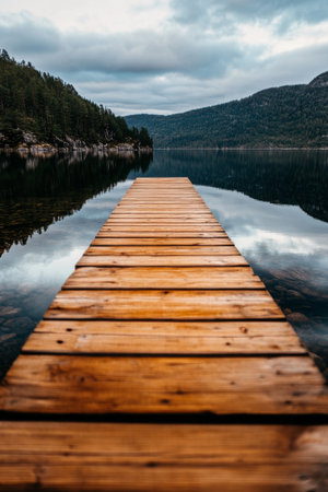 A long wooden dock reaches into a serene lake, with gentle ripples reflecting the mountains and overcast sky in the background. The tranquil setting invites peace and contemplation.の素材