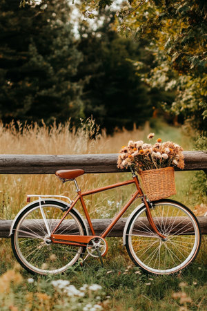 A vintage bicycle rests against a wooden fence in a serene field, adorned with a basket full of vibrant flowers as sunlight filters through the trees.の素材