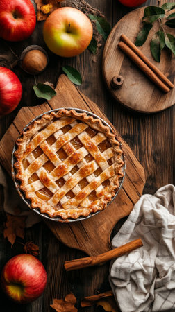 A freshly baked apple pie rests on a wooden board, surrounded by vibrant red apples and aromatic cinnamon sticks. This inviting setup suggests a warm autumn gathering.の素材