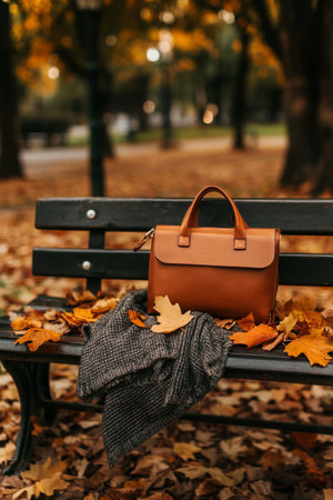 A brown handbag rests on a black bench covered with vibrant autumn leaves. The park setting showcases trees with colorful foliage, hinting at the seasonal change.の素材