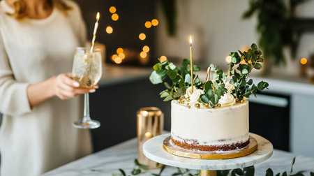 A person holds a glass with a sparkling drink while standing near a beautifully decorated cake at a festive gathering. Soft lights and greenery enhance the celebratory atmosphere.の素材