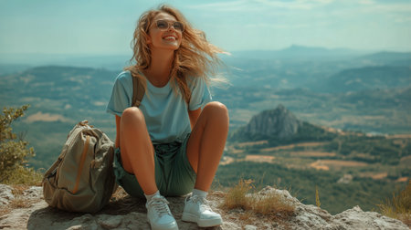 A young woman with glasses sits on a rocky ledge, taking in the panoramic view of the lush valley below. The sun is shining brightly in the afternoon sky.の素材
