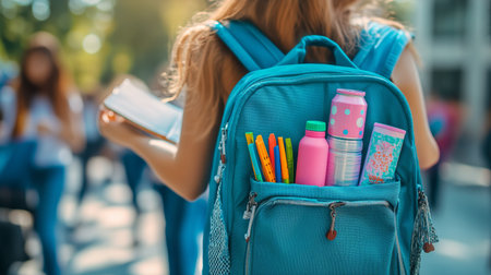 A student walks through a bustling area carrying a blue backpack that holds colorful school supplies. The afternoon sun casts a warm glow on the happy atmosphere and other students.の素材