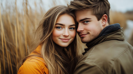 Two young adults stand close in a field, smiling warmly at the camera. Soft golden grass surrounds them as they enjoy a moment together in the cool autumn air.の素材